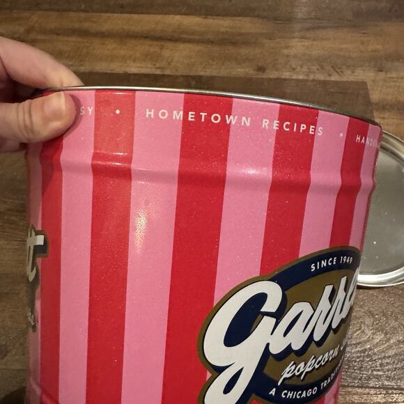 Garrett Popcorn Shops Tin Empty Pink Stripes 7" Tall 9" Diameter Chicago - Picture 9 of 13